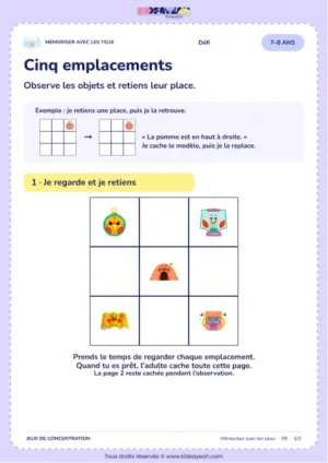 Cinq emplacements – jeu de mémoire visuelle à imprimer pour les enfants de 7–8 ans