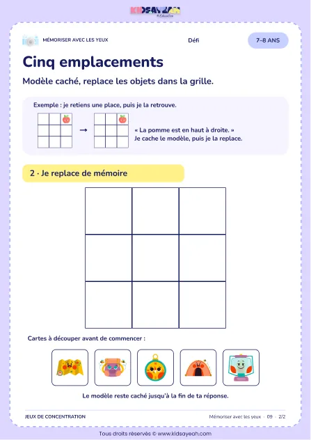 Cinq emplacements – jeu de mémoire visuelle à imprimer pour les enfants de 7–8 ans – page 2 : page 2 : 2/2