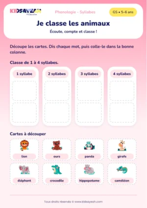 classer les mots par nombre de syllabes en GS — Classer les animaux par nombre de syllabes en GS