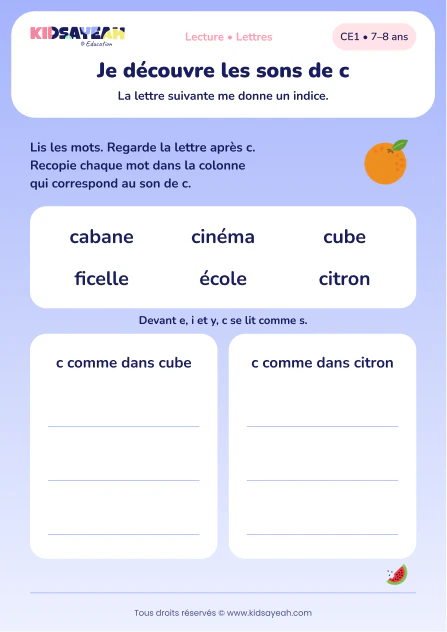 classer cabane et cinéma selon le son de c au CE1 — aperçu de la fiche CE1 à imprimer