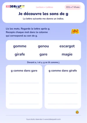 classer gomme et girafe selon le son de g au CE1 — aperçu de la fiche CE1 à imprimer