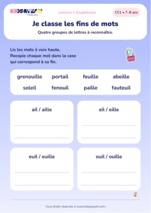 classer huit mots selon ail, eil, euil ou ouil au CE1 — aperçu de la fiche CE1 à imprimer