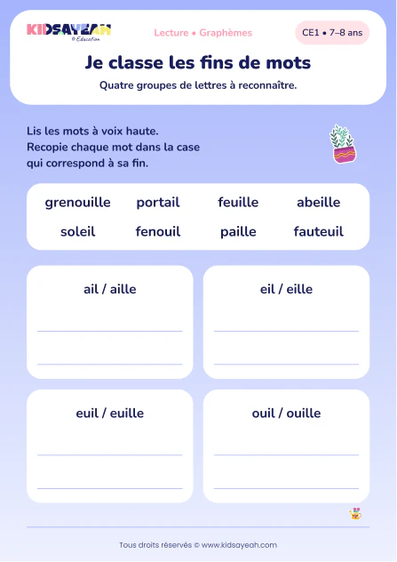classer huit mots selon ail, eil, euil ou ouil au CE1 — aperçu de la fiche CE1 à imprimer