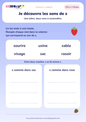 classer sourire, usine et visage selon le son de s au CE1 — aperçu de la fiche CE1 à imprimer