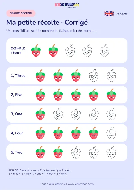 Colorier de une à cinq fraises sous dictée en anglais en GS — corrigé