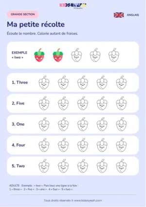 Colorier de une à cinq fraises sous dictée en anglais en GS — fiche enfant