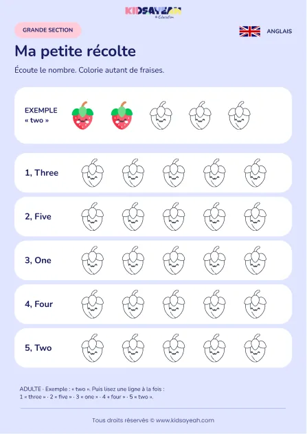 Colorier de une à cinq fraises sous dictée en anglais en GS — fiche enfant