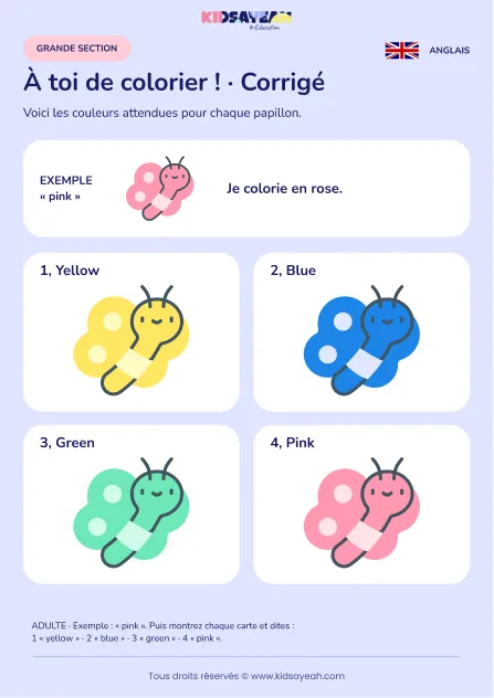Colorier des papillons sous dictée en anglais en GS — corrigé