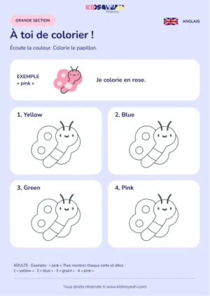Colorier des papillons sous dictée en anglais en GS — fiche enfant