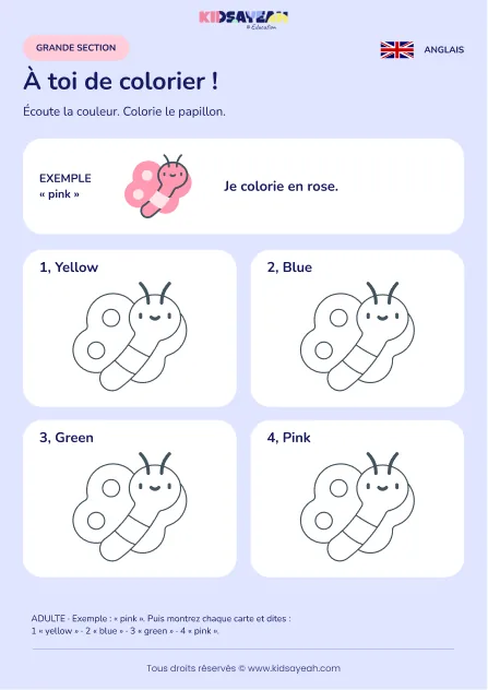 Colorier des papillons sous dictée en anglais en GS — fiche enfant