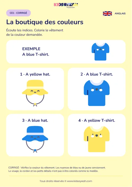 Colorier des vêtements selon des indices anglais au CE1 — corrigé