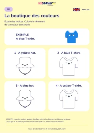 Colorier des vêtements selon des indices anglais au CE1 — fiche enfant