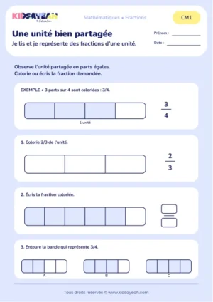 Colorier et lire des fractions d’une unité au CM1 : aperçu de la fiche Une unité bien partagée