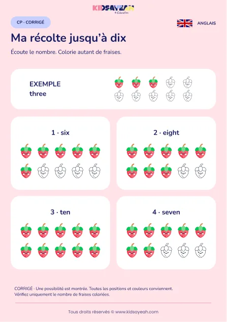 Colorier jusqu’à dix fraises sous dictée en anglais au CP — corrigé