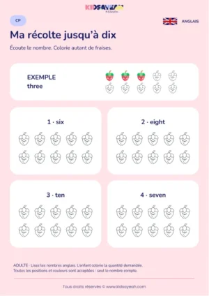 Colorier jusqu’à dix fraises sous dictée en anglais au CP — fiche enfant