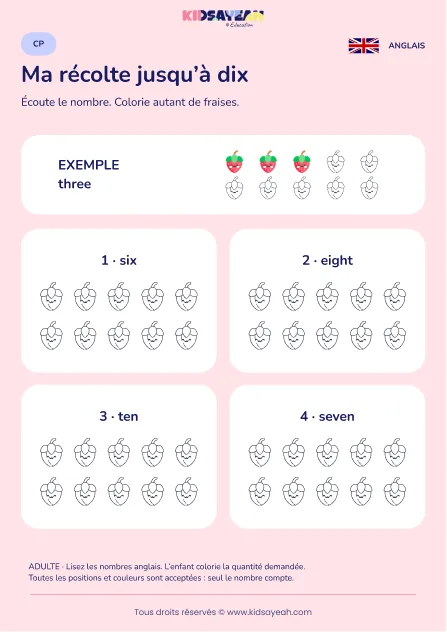 Colorier jusqu’à dix fraises sous dictée en anglais au CP — fiche enfant