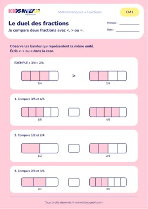 Comparer des fractions avec des bandes et les signes au CM1 : aperçu de la fiche Le duel des fractions
