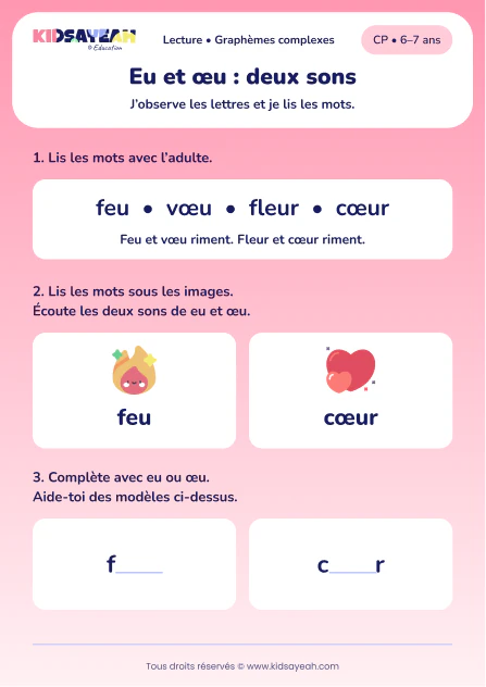 Comparer feu et vœu, fleur et cœur au CP — aperçu de la fiche à imprimer