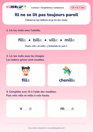 Comparer fille et bille avec ville et mille au CP — aperçu de la fiche à imprimer