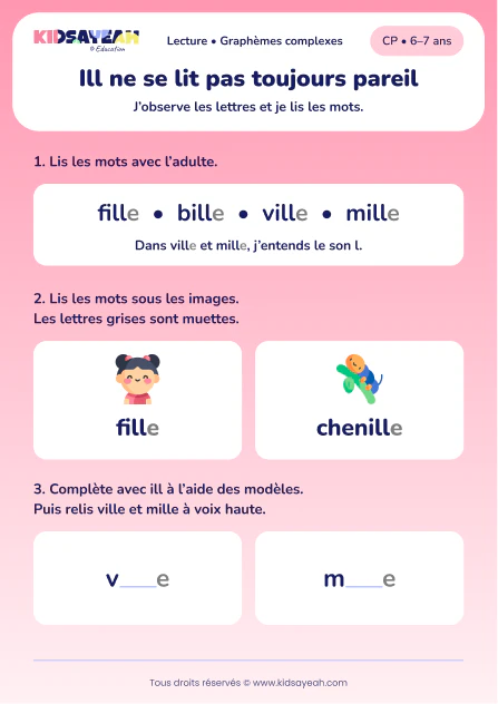 Comparer fille et bille avec ville et mille au CP — aperçu de la fiche à imprimer