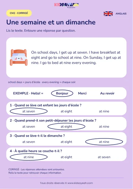Comparer journée d’école et dimanche en anglais au CM2 — corrigé