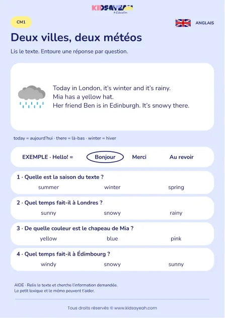 Comparer les météos de Londres et Édimbourg au CM1 — fiche enfant