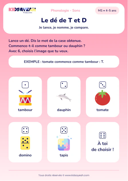 Comparer les sons T et D avec un jeu de dé en MS — aperçu de la fiche à imprimer