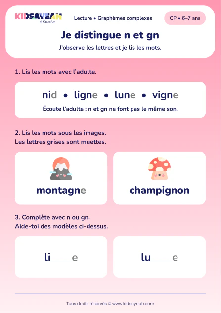 Comparer n et gn avec nid, ligne, lune et vigne au CP — aperçu de la fiche à imprimer