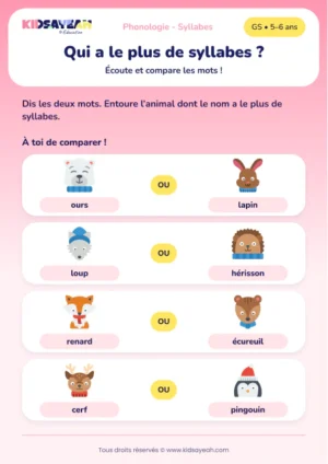 comparer le nombre de syllabes en GS — Comparer le nombre de syllabes en GS : les animaux