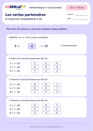 Compléments à 10 au CE1 : Les cartes partenaires — fiche enfant