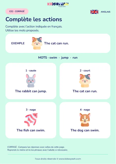 Compléter can avec run jump et swim au CE2 — corrigé