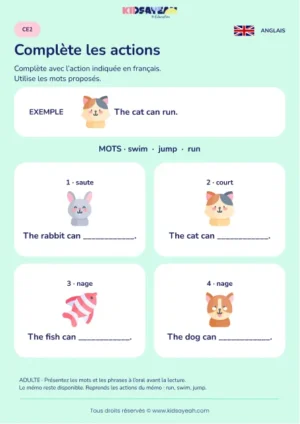 Compléter can avec run jump et swim au CE2 — fiche enfant