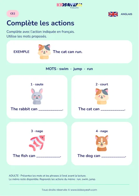 Compléter can avec run jump et swim au CE2 — fiche enfant
