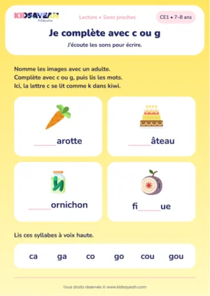 compléter carotte, gâteau, cornichon et figue avec c ou g au CE1 — aperçu de la fiche CE1 à imprimer