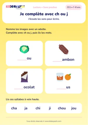 compléter chou, jambon, chocolat et jus avec ch ou j au CE1 — aperçu de la fiche CE1 à imprimer