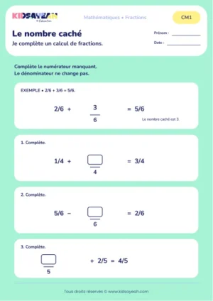Compléter des additions et soustractions de fractions à trous au CM1 : aperçu de la fiche Le nombre caché