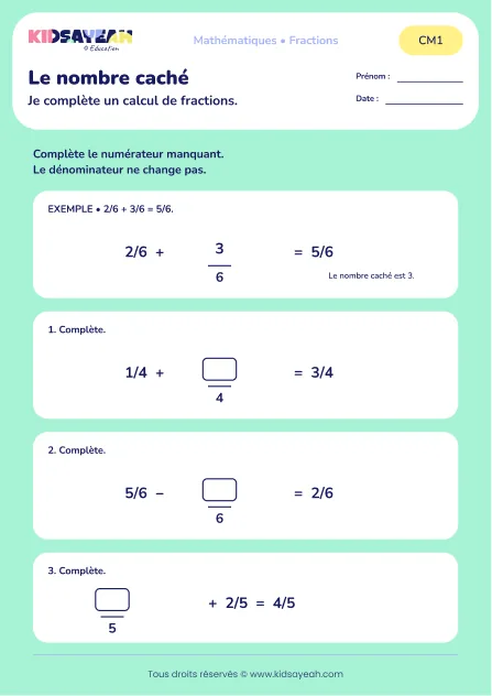 Compléter des additions et soustractions de fractions à trous au CM1 : aperçu de la fiche Le nombre caché