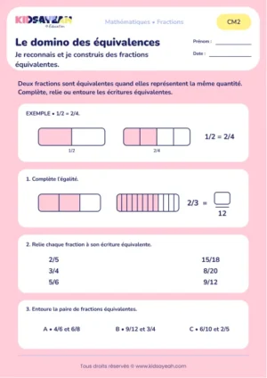 Compléter et associer des fractions équivalentes au CM2 : aperçu de la fiche Le domino des équivalences