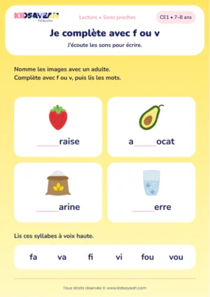 compléter fraise, avocat, farine et verre avec f ou v au CE1 — aperçu de la fiche CE1 à imprimer