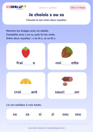 compléter fraise, noisette, croissant et saucisson avec s ou ss au CE1 — aperçu de la fiche CE1 à imprimer