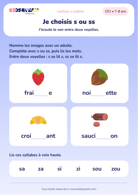 compléter fraise, noisette, croissant et saucisson avec s ou ss au CE1 — aperçu de la fiche CE1 à imprimer