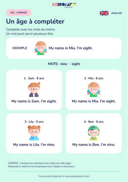Compléter I’m eight ou I’m nine au CE2 — corrigé