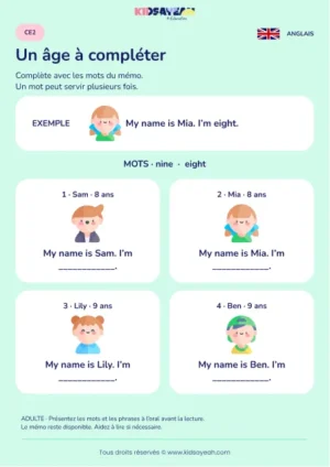 Compléter I’m eight ou I’m nine au CE2 — fiche enfant