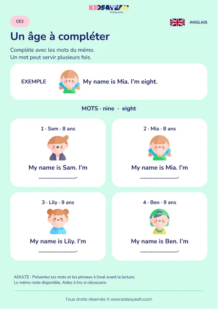 Compléter I’m eight ou I’m nine au CE2 — fiche enfant