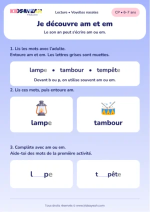 Compléter lampe et tempête avec am ou em au CP — aperçu de la fiche à imprimer
