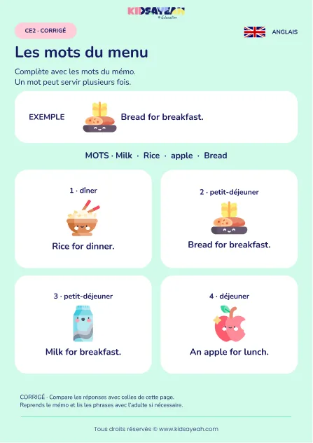 Compléter les aliments d’un menu anglais au CE2 — corrigé
