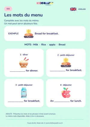 Compléter les aliments d’un menu anglais au CE2 — fiche enfant