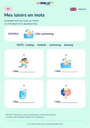 Compléter les loisirs après I like au CE2 — fiche enfant