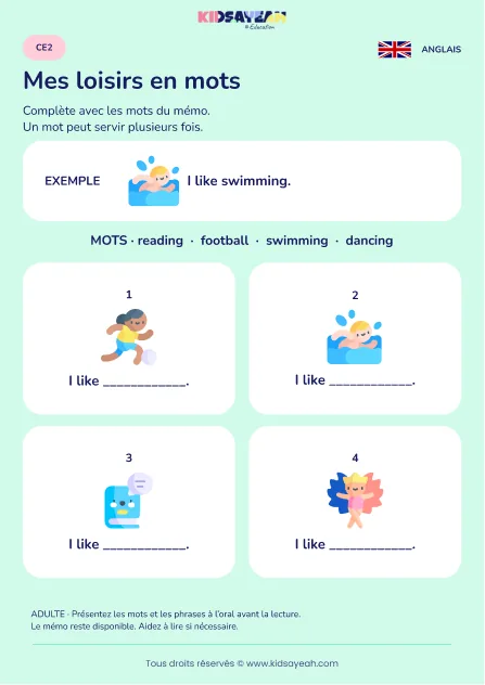 Compléter les loisirs après I like au CE2 — fiche enfant