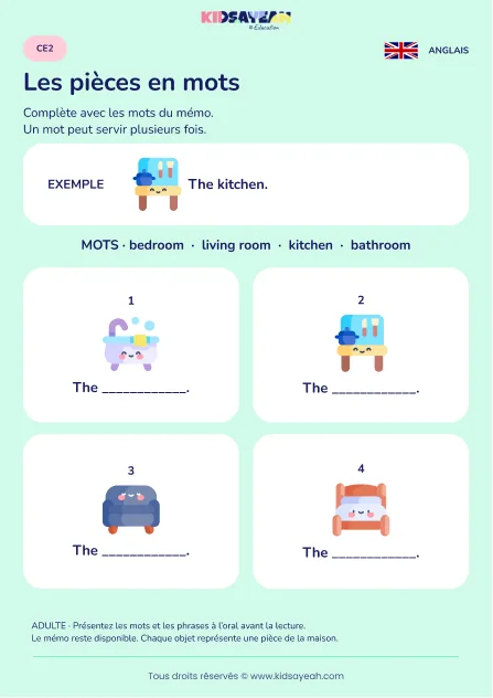 Compléter les noms des pièces en anglais au CE2 — fiche enfant